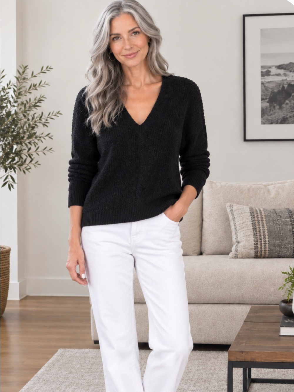 Halston Heritage Black Ribbed V-Neck Sweater